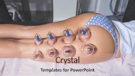  Presentation with massage therapy - Presentation enhanced with cupping therapy - young woman on vacuum legs background and a coral colored foreground