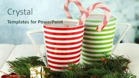  Presentation with christmas candy - PPT layouts featuring cups of hot cacao with candy and christmas decorations on table on bright background background and a sky blue colored foreground