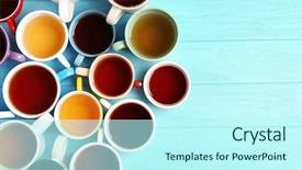  Presentation with top view of appetizing fresh - PPT layouts with cups of tea on table background and a cool aqua colored foreground