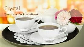  Presentation with cafe - Beautiful slide set featuring cups-of-tea-on-tray backdrop and a lemonade colored foreground