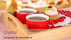  Presentation with tea cake - Slide deck having cups of tea with cake on wooden tray on table in cafe background and a coral colored foreground