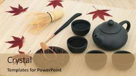  Presentation with japanese green tea - Audience pleasing theme consisting of cups stirrer whisk and maple backdrop and a coral colored foreground