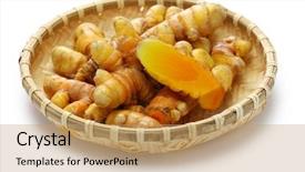  Presentation with curcumin - Theme consisting of curcumin - fresh whole turmeric on bamboo background and a coral colored foreground