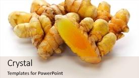  Presentation with curcumin - Slide deck enhanced with curcumin - fresh whole turmeric on white background and a coral colored foreground