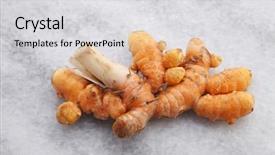  Presentation with turmeric - Presentation enhanced with curcumin - turmeric isolated in white background background and a light gray colored foreground