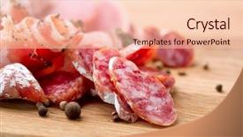  Presentation with cure - Theme with cure - sausage dried smoked sausages sliced background and a lemonade colored foreground