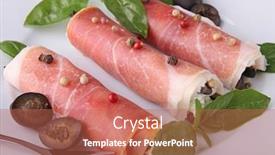  Presentation with olive - Slide set consisting of cured ham with cheese and olive background and a red colored foreground