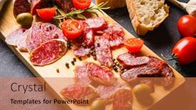  Presentation with sausages - Beautiful slide deck featuring cured-pork-and-beef-sausages backdrop and a coral colored foreground