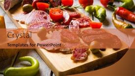  Presentation with tapas - Slide set having cured-pork-and-beef-sausages background and a red colored foreground