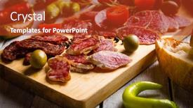  Presentation with tapas - Beautiful PPT theme featuring cured-pork-and-beef-sausages backdrop and a crimson colored foreground