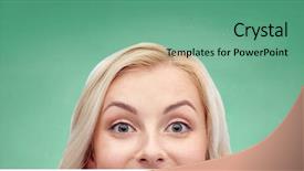  Presentation with curiosity - Audience pleasing PPT theme consisting of curiosity education advertisement and people concept - happy young woman or teenage girl face over green school chalk board background backdrop and a seafoam green colored foreground