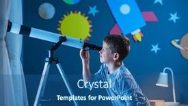  Presentation with galaxy spaceship - Amazing PPT theme having curious-boy-using-telescope backdrop and a ocean colored foreground