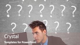  Presentation with laptop - Amazing PPT theme having curious-business-man-looking backdrop and a coral colored foreground