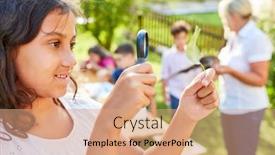  Presentation with magnifying glass - Amazing theme having curious-girl-looks-through backdrop and a coral colored foreground