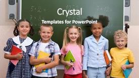  Presentation with image recognition for - PPT theme having curious schoolchildren standing by blackboard background and a  colored foreground