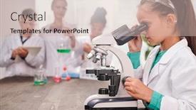  Presentation with chemical experiment - Cool new slides with curious-schoolgirl-in-whitecoat-looking backdrop and a soft green colored foreground