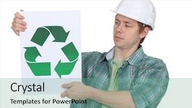  Presentation with hands holding be brave word - Presentation theme enhanced with curious worker holding recycle logo background and a  colored foreground