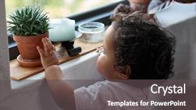  Presentation with child development - Audience pleasing theme consisting of curious young child touching pot plant window sill inquisitive learning childhood development backdrop and a dark gray colored foreground