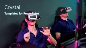  Presentation with virtual reality - Beautiful PPT theme featuring curious-young-men-in-same backdrop and a ocean colored foreground