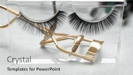 Presentation with eyelashes - PPT theme with curler and false eyelashes on table background and a light gray colored foreground