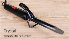  Presentation with curling - PPT theme having curling iron on wooden background background and a lemonade colored foreground