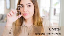  Presentation with curling - Beautiful PPT layouts featuring curls - beautiful young woman curling eyelashes backdrop and a coral colored foreground