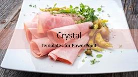  Presentation with white plate - Slides having curls - traditional german boiled ham background and a coral colored foreground