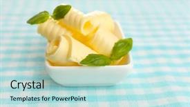  Presentation with tablecloth - Presentation theme consisting of curls of fresh butter with basil in bowl on blue tablecloth background and a light blue colored foreground