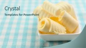  Presentation with tablecloth - PPT theme featuring curls of fresh butter in bowl on blue tablecloth background and a cool aqua colored foreground