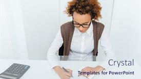  Presentation with accountant - Slides with curly african american young woman accountant sitting and writing in office background and a sky blue colored foreground