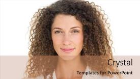  Presentation with camera - Presentation theme with curly hair - beautiful woman smiling at camera background and a coral colored foreground
