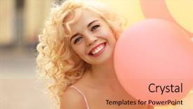  Presentation with tethered hot air balloons - PPT layouts featuring curly hair - beautiful young woman holding air background and a coral colored foreground
