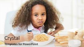  Presentation with table salt - Amazing presentation design having curly little girl with full mouth looking at camera while chewing tasty pasta bread slices chocolate spread bottle salt and pepper shakers located on table backdrop and a lemonade colored foreground