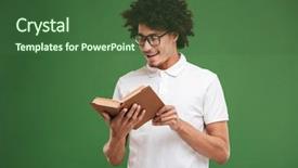  Presentation with green officebuilding man - Presentation design featuring curly man isolated over green background and a ocean colored foreground