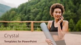  Presentation with fitness - PPT layouts having curly-woman-holding-fitness-mat background and a soft green colored foreground