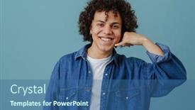  Presentation with blue - Presentation featuring curly-young-man-smiling background and a ocean colored foreground