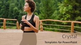 Presentation with mountain water - Presentation consisting of curly-young-woman-drinking-water background and a coral colored foreground