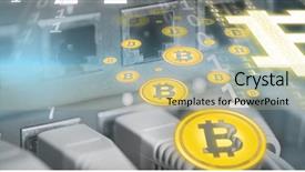  Presentation with server room - Colorful PPT layouts enhanced with symbol of bit coin digital crypto currency against cables and plugs in server room backdrop and a yellow colored foreground