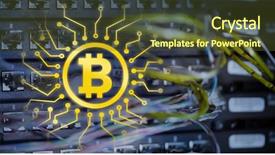  Presentation with server room - Theme with symbol of bit coin digital crypto currency against cables and plugs in server room background and a ocean colored foreground