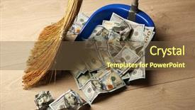  Presentation with whats the scoop - Theme with currency devaluation - broom sweeps dollars in garbage background and a tawny brown colored foreground
