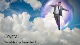  Presentation with earth inside an eye - PPT layouts featuring currency devaluation - businessman flying inside the bubble background and a light gray colored foreground