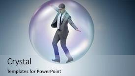  Presentation with futuristic bubble - PPT layouts featuring currency devaluation - businessman flying inside the bubble background and a light blue colored foreground