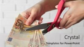  Presentation with white brick wall - Colorful slide deck enhanced with currency devaluation - hands with scissors cutting money backdrop and a light gray colored foreground