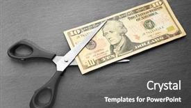  Presentation with cut - Theme having currency devaluation - red scissors cut money background and a dark gray colored foreground