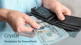  Presentation with floating dollar bills - PPT theme with currency devaluation - woman holding wallet with dollar background and a light blue colored foreground