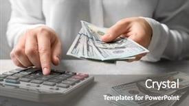  Presentation with calculator - Slides having currency devaluation - woman with dollar bills background and a gray colored foreground