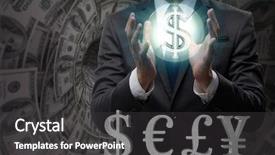  Presentation with currency financial concept macro - Colorful PPT theme enhanced with currency symbols - businessman with various currencies backdrop and a dark gray colored foreground