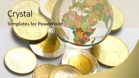  Presentation with world currency - Beautiful PPT theme featuring currency symbols - world globe and different coins backdrop and a blonde colored foreground