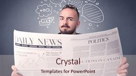  Presentation with reading - Theme enhanced with current affairs finance - puzzled young businessman reading daily background and a lemonade colored foreground