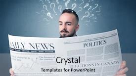  Presentation with finance question - Cool new slides with current affairs finance - young confused businessman reading daily backdrop and a lemonade colored foreground